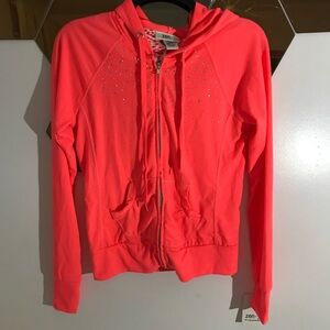 NEW Zen Y Sweater Medium M Orange Coral Rhinestone Sparkle Zip Down Up